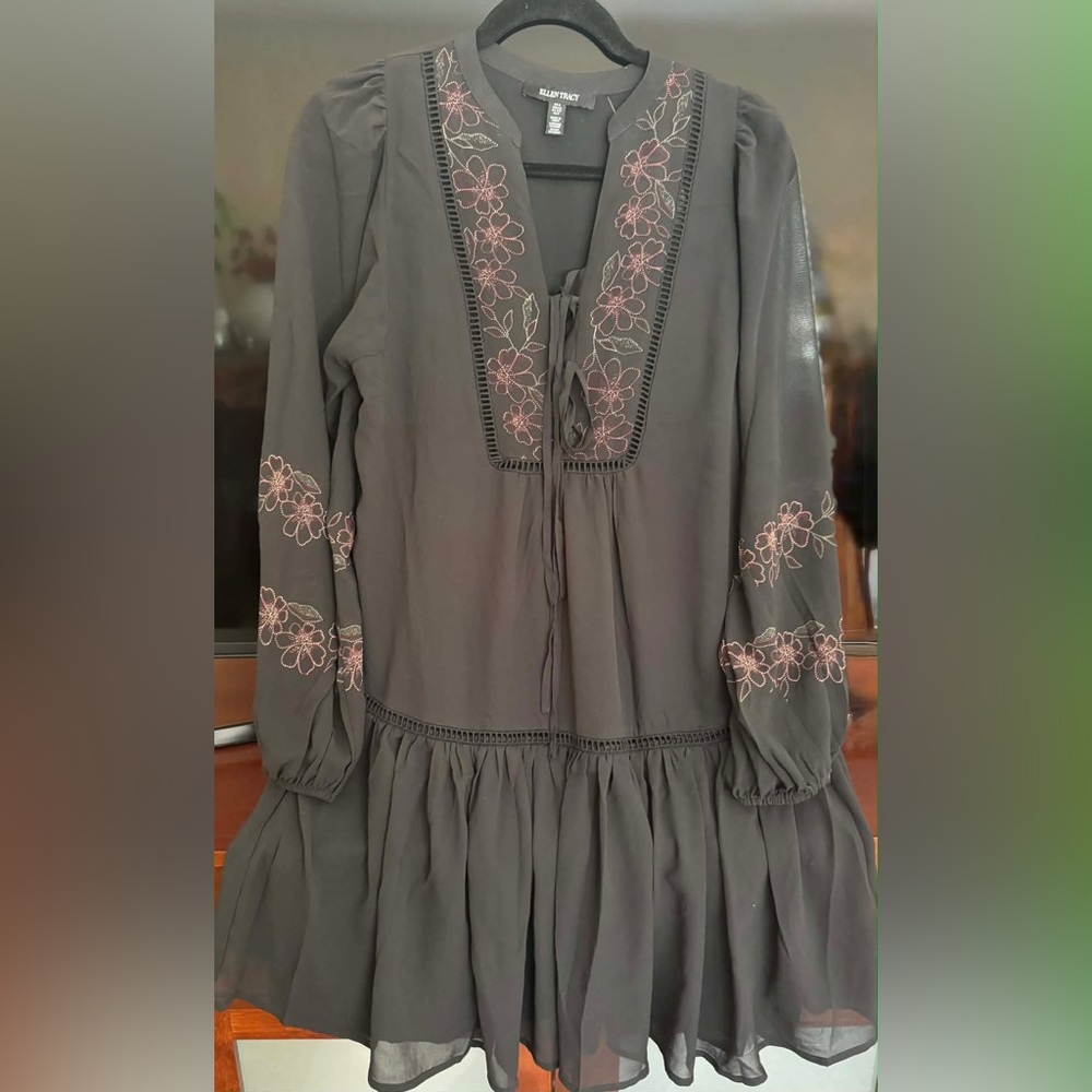 Ellen Tracy Gray Midi Dress with Pink Floral Embroidery